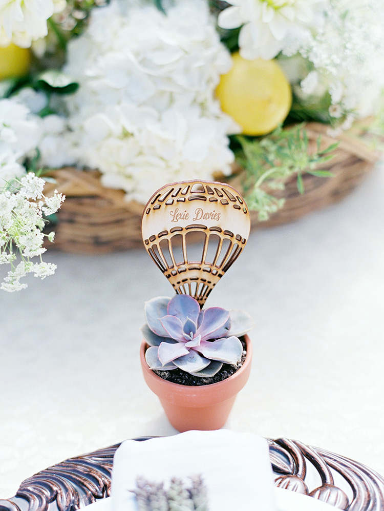Hot air balloon place cards tucked into pots of succulents