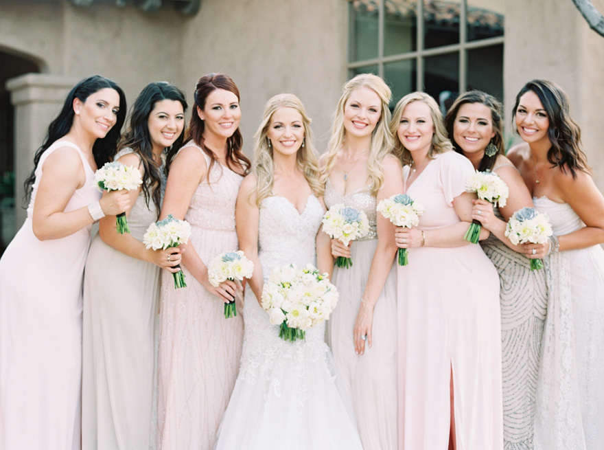 mismatched bridesmaids in sparkling neutrals and pinks