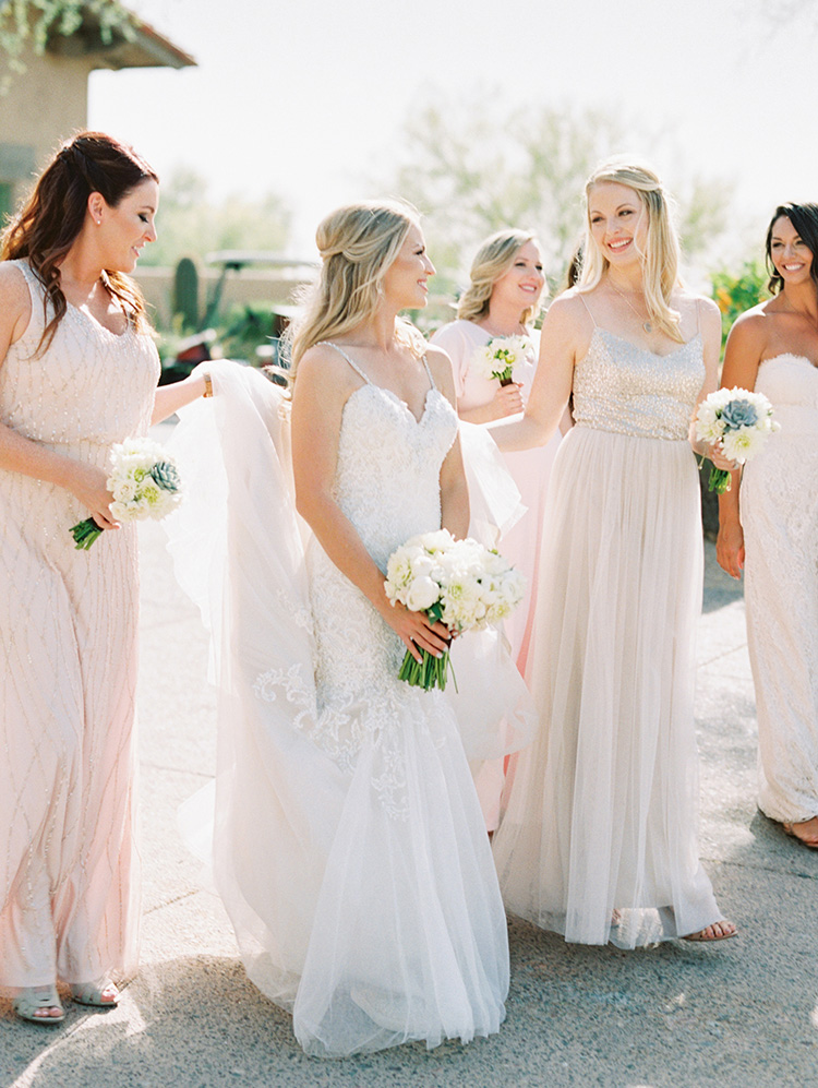 mismatched bridesmaids in sparkling neutrals and pinks
