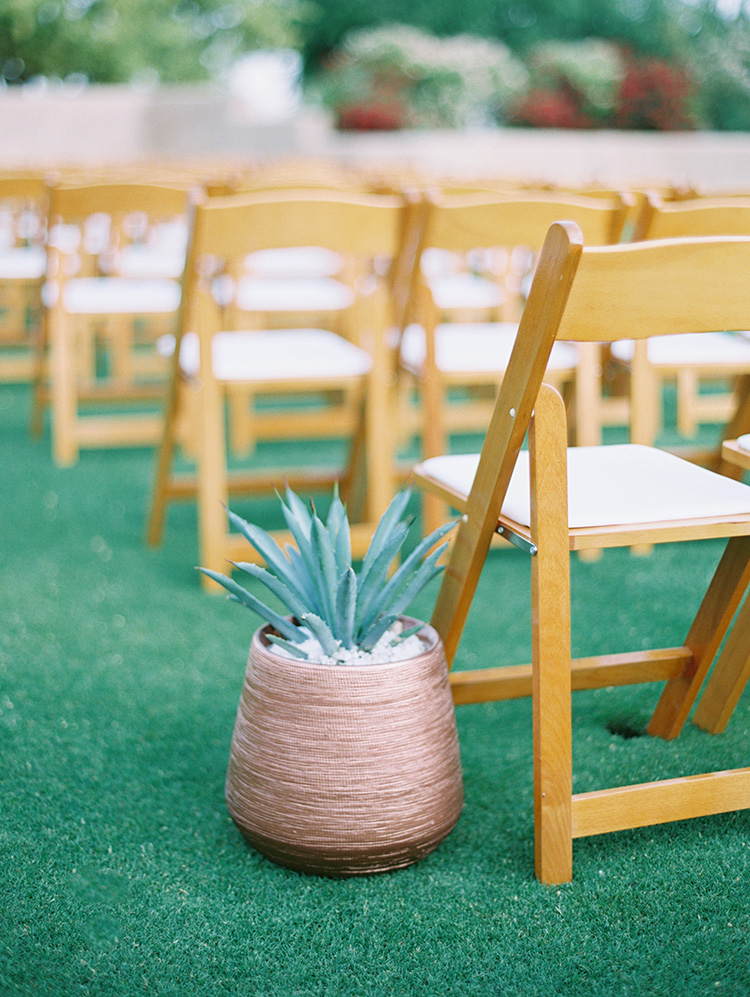 succulent in a metallic pot, outdoor wedding ceremony