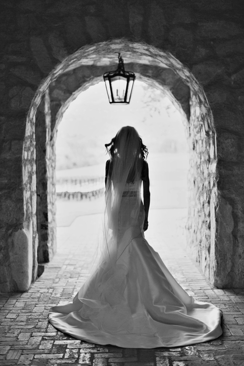 Stunning black and white silhouette of the bride standing in an archway. Silverleaf