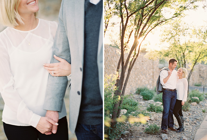 Classy couple share special glance near sunlit tree setting photo shoot 