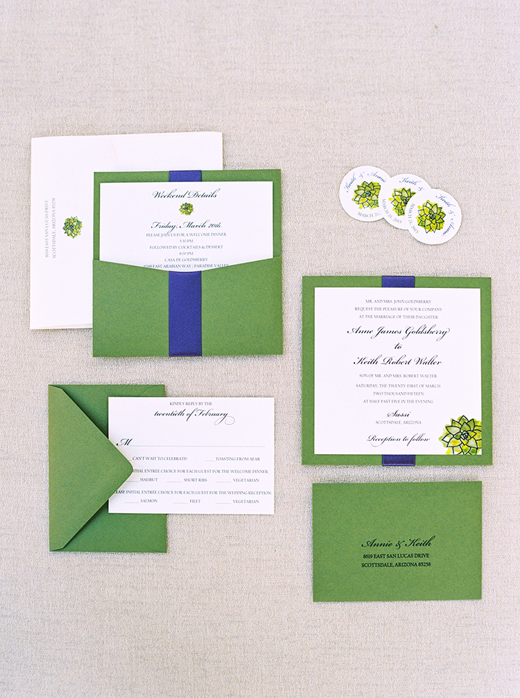 Unique stationery suite with custom illustrations of desert succulents. Vibrant wedding colors